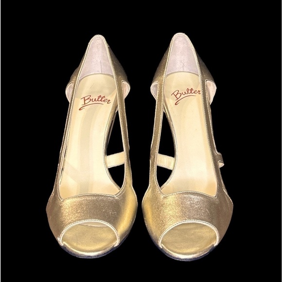 Butter Women’s Heels Italian Leather Gold Peep Toe/Cutout Pump Size-7.5 EUC - Picture 3 of 5